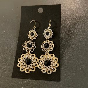 Black and gold dangle earrings with rhinestones.